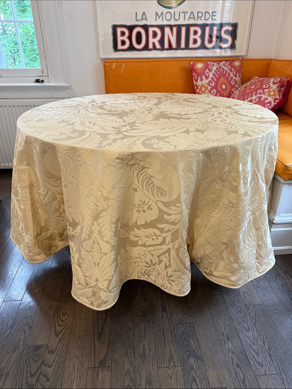 Elegant Cream Silk Damask Round Tablecloth - 86” round Home Dining